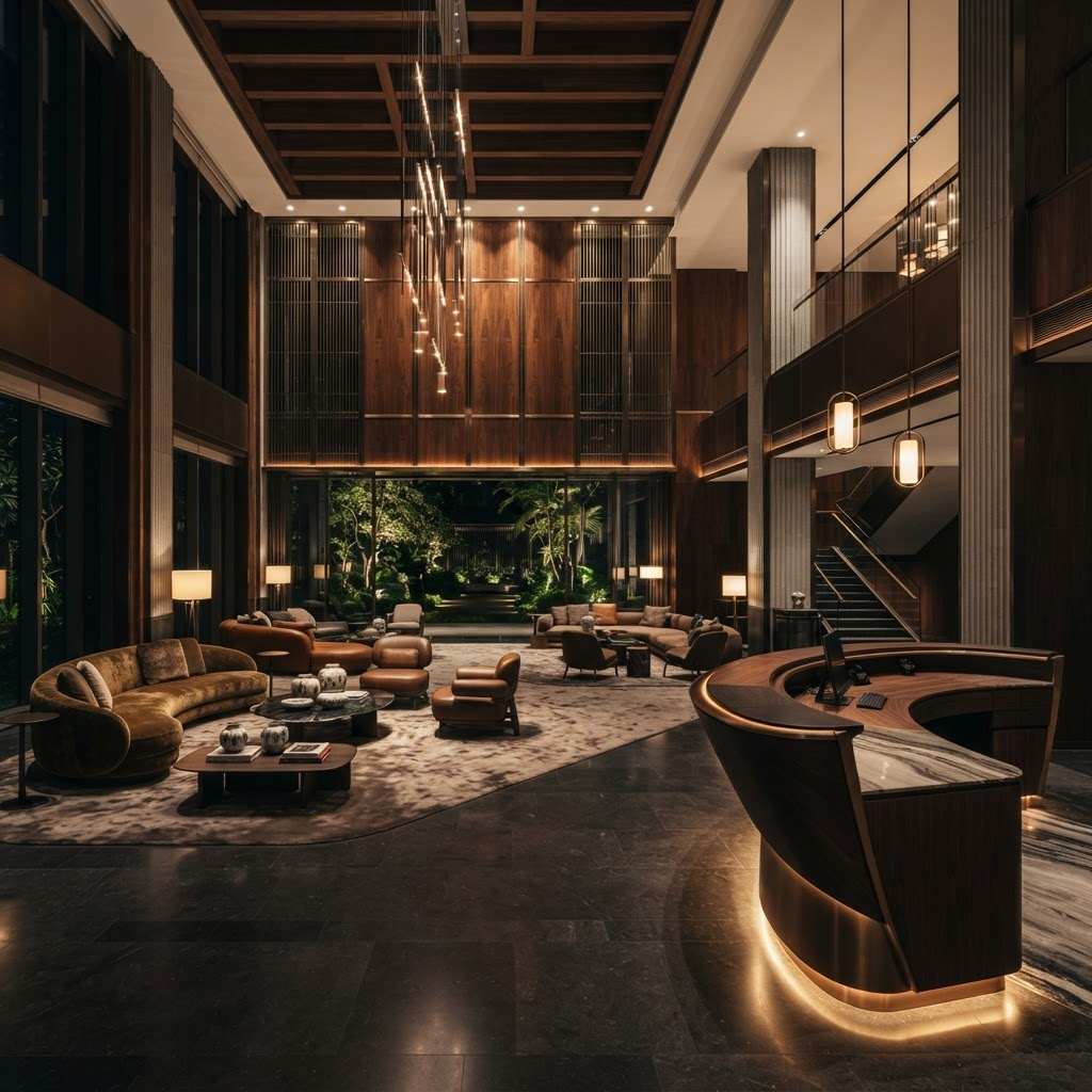 Contemporary luxury hotel lobby with custom furniture